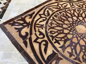 Moroccan Mosaic Tile Side table on Iron Base, Brown and White