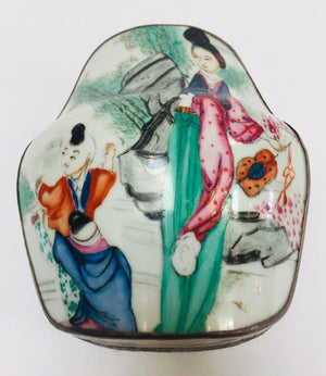 Vintage Trinket Metal Box with Porcelain Top Hand Painted Asian Scene
