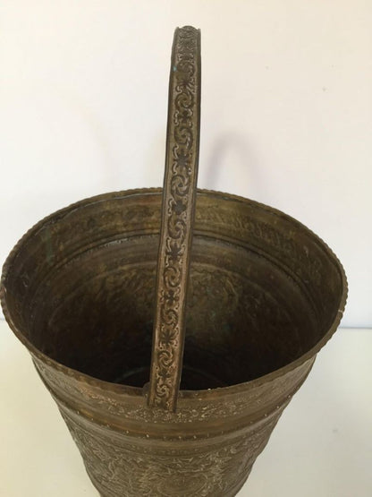 Handcrafted Copper Vessel Bucket with Floral Design, India