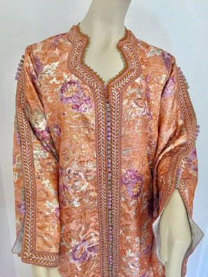 Moroccan Kaftan Orange and Purple Floral with Gold Embroidered Maxi Dress Caftan