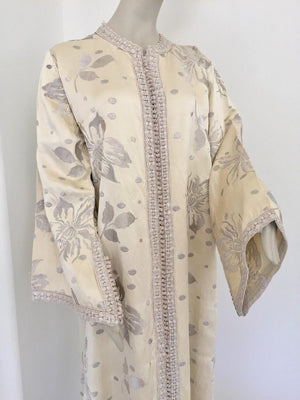 1960's Vintage Moroccan Caftan with Silver Metallic Floral Silk Brocade
