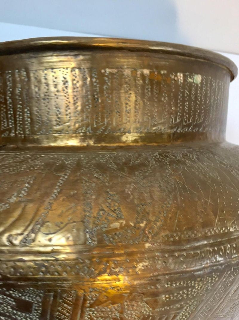 Middle Eastern Egyptian Hebraique Revival Hand Etched Brass Pot Jardiniere