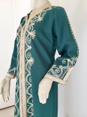 Vintage Moroccan Caftan Emerald Green Maxi Dress, circa 1970 Size M