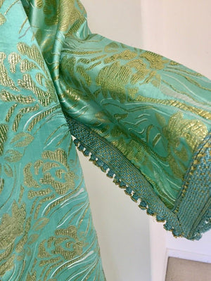 Moroccan Kaftan in Aqua and Gold Floral Brocade Metallic Lame