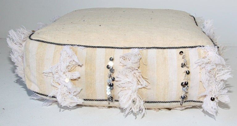 Moroccan White Floor Pillow with Silver Sequins and Long Fringes