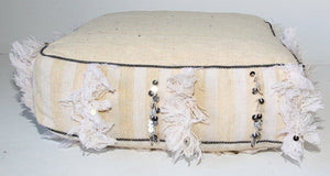 Moroccan White Floor Pillow with Silver Sequins and Long Fringes