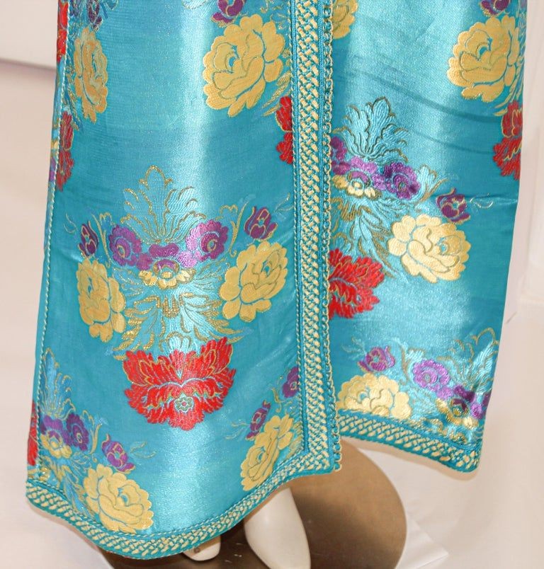 Elegant Moroccan Caftan in Blue Metallic Floral Brocade