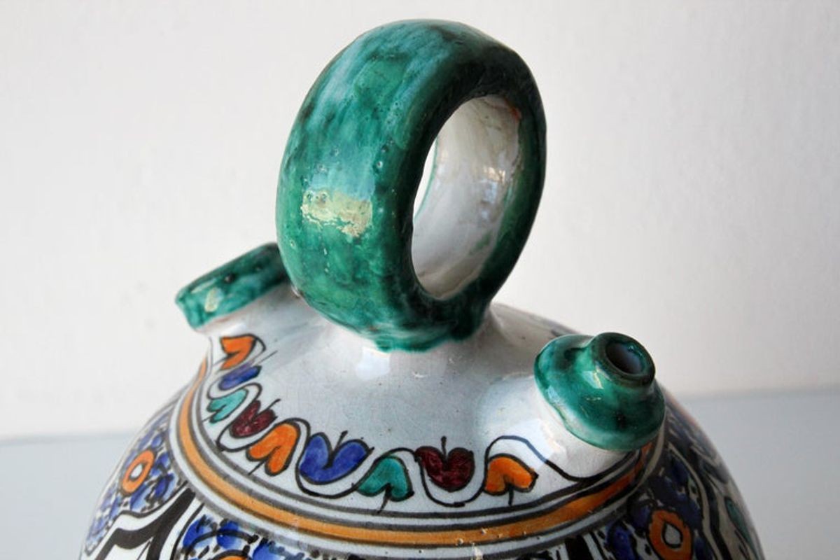 Moorish Ceramic Glazed Water Jug Handcrafted in Fez Morocco