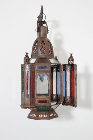 Vintage Moroccan Moorish Metal and Stained Glass Lantern or Pendant