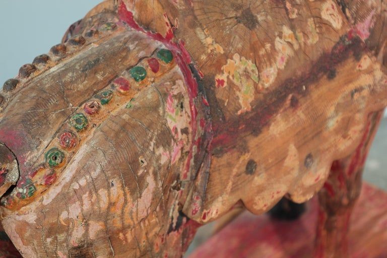 Pair of Monumental Indian Polychrome Carved Wood Horses on Wheels, 19th C.