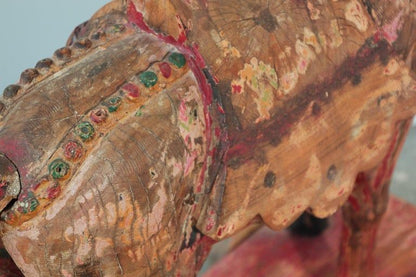 Pair of Monumental Indian Polychrome Carved Wood Horses on Wheels, 19th C.
