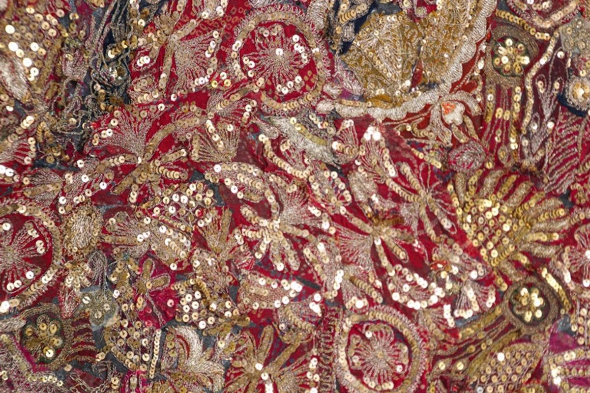 Mughal Embroidered Metal Threaded Tapestry from Rajasthan Framed