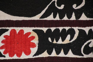 Vintage Samarkand Suzani, Uzbekistan Embroidered Textile Red and Black