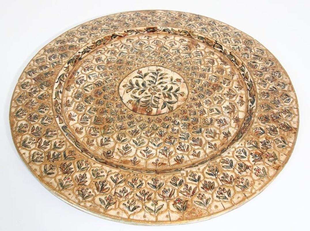 Indian Mughal style Overlaid and Hand Painted Metal Platter 1950