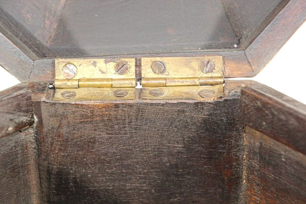 Large Asian Decorative Wooden Jewelry Box with Hammered Brass Metal Overlay