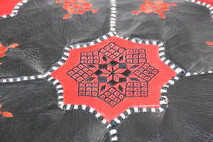 Vintage Moroccan Leather Rectangular Pouf in Red and Black