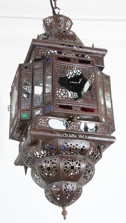 Vintage Moroccan Moorish Bronze Metal & Multicolor Glass Hanging Lantern