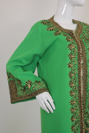 Vintage Moroccan Kaftan Green Maxi Dress circa 1970 Size L