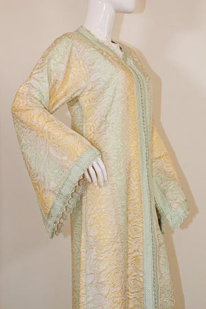 Vintage Moroccan Kaftan, Gold and Sage Damask Embroidered, ca. 1970s