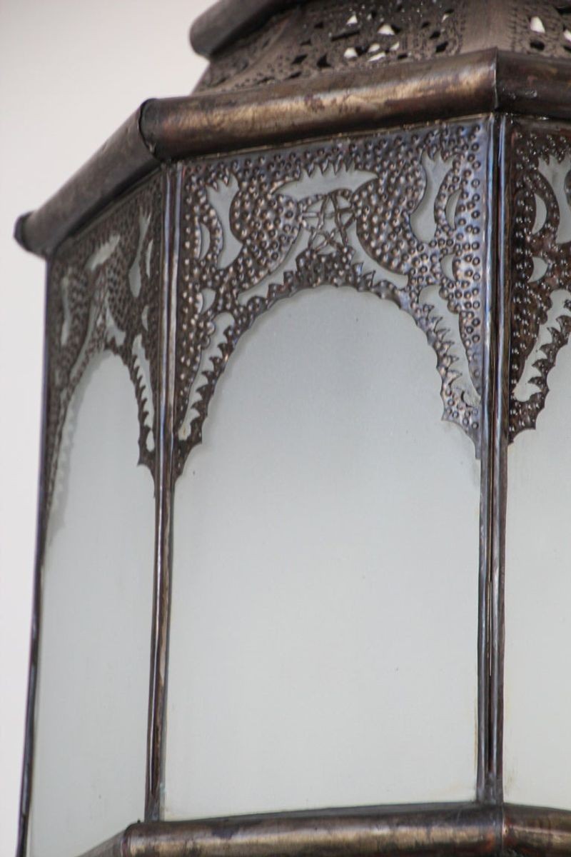 Moroccan Moorish Hanging Metal Lantern with Milky Glass