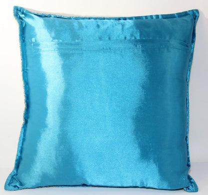 Turquoise Mughal Style Decorative Throw Pillow Embellished with Sequins and Bead