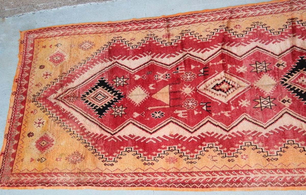 Vintage Moroccan Berber Rug in Saffron, Coral and Black, 71 x 145 in, 1960s