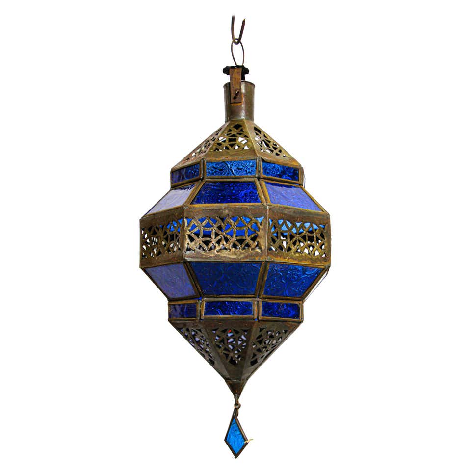 Handcrafted Moroccan Lantern, Blue Glass & Metal, Octagonal Design