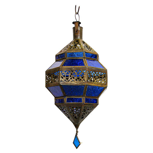 Handcrafted Moroccan Lantern, Blue Glass & Metal, Octagonal Design
