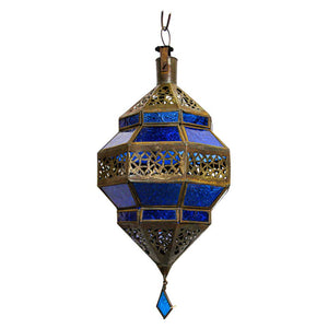 Handcrafted Moroccan Blue Glass Lantern Metal Octagonal Diamond Shape