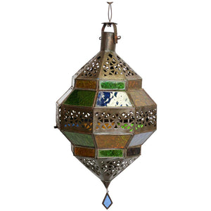 Handcrafted Moroccan Metal and Multi-Color Glass Lantern Octagonal Diamond Shape