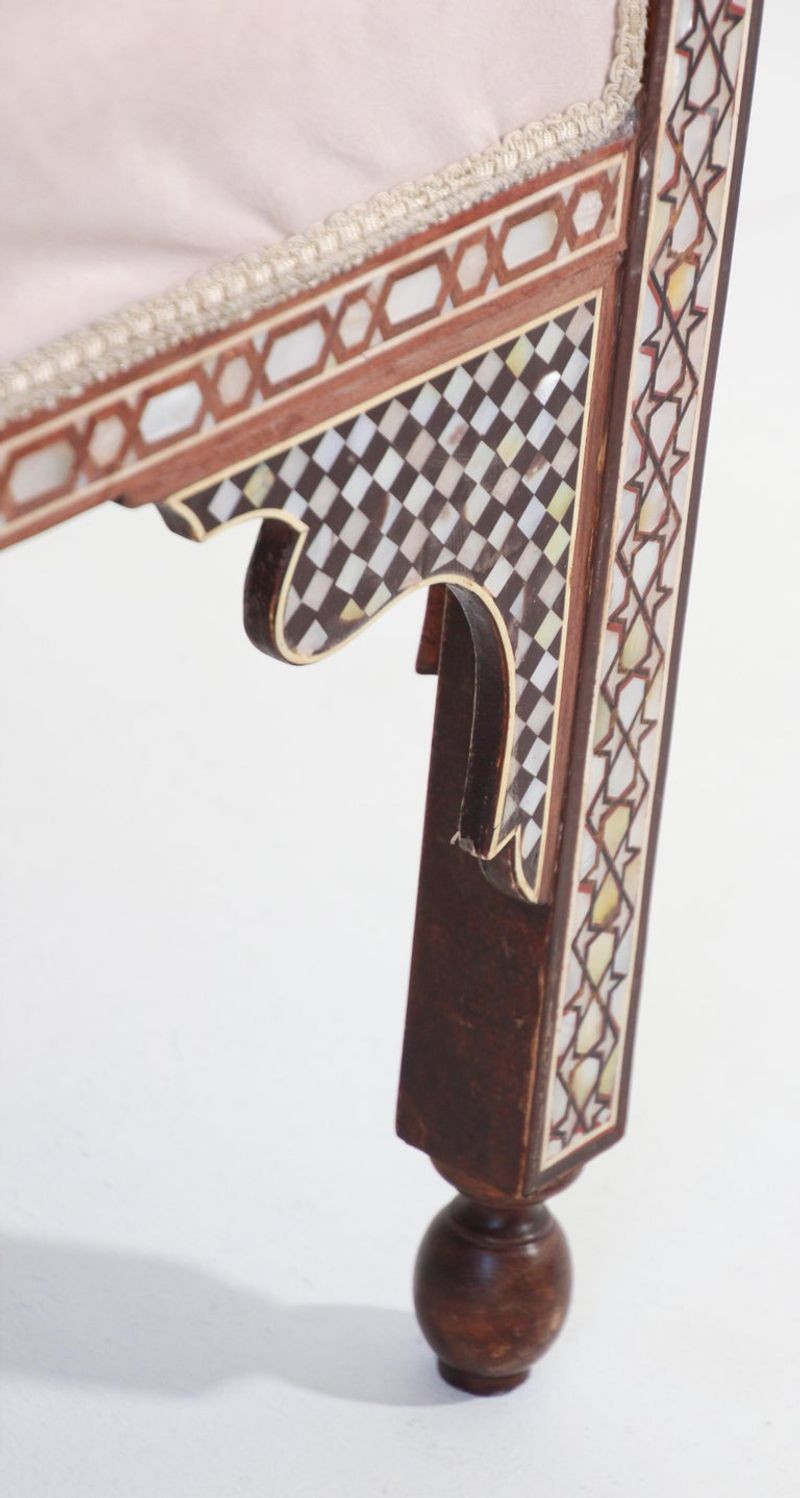 Antique Moroccan Benches with Mosaic White Shell Inlay a Pair