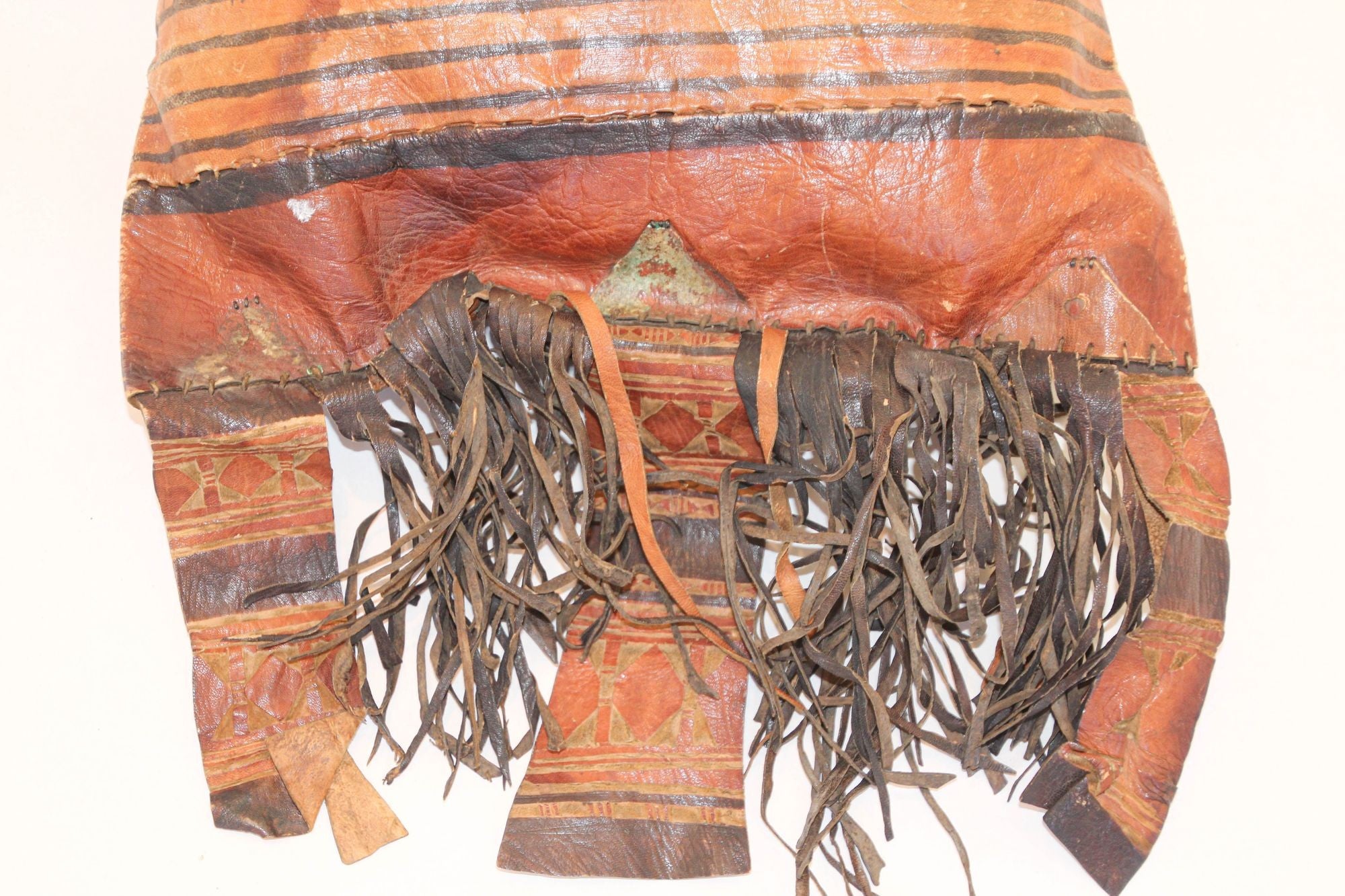 African Tuareg Hand-Tooled Leather Pillow with Fringes
