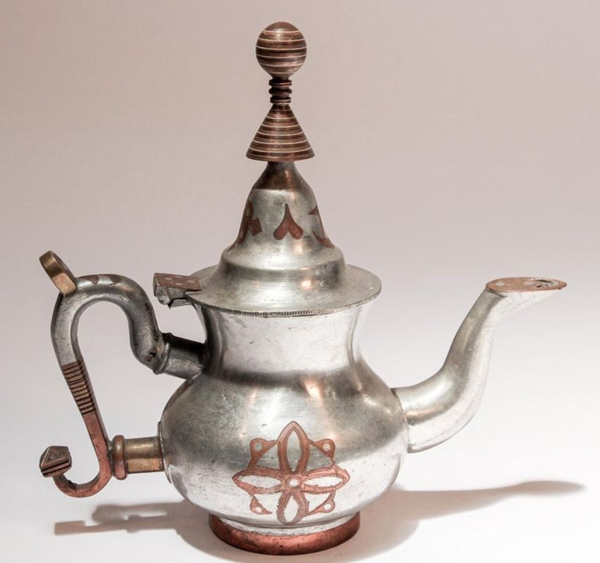 Handcrafted Tuareg Tea Pot, Pewter with Brass & Copper, 1950s