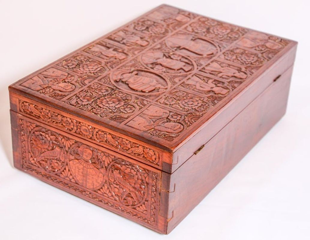 Large Early 19th Century Antique Hand Carved Wooden Mughal Decorative Box