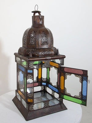 Moroccan Moorish Metal Lantern with Multicolor Glass