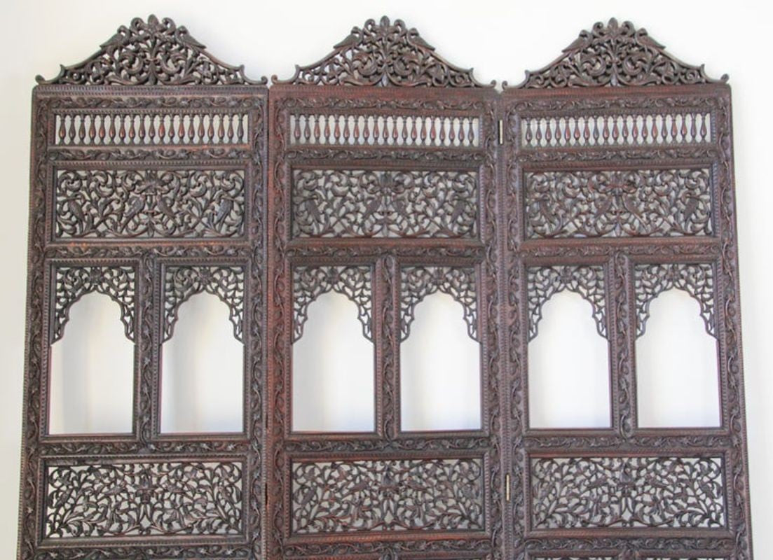 19th Century Anglo-Indian Mughal Carved Hardwood Three-Panel Screen, circa 1880