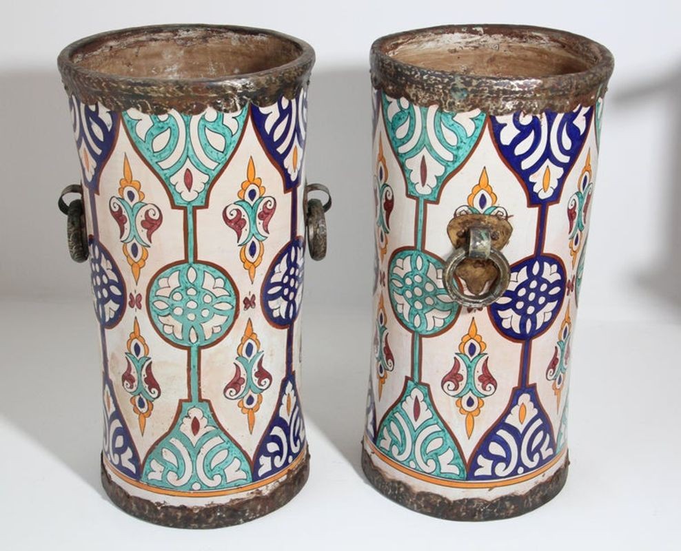 Handcrafted Moorish Ceramic Urns with Metal Handles, 20th Century