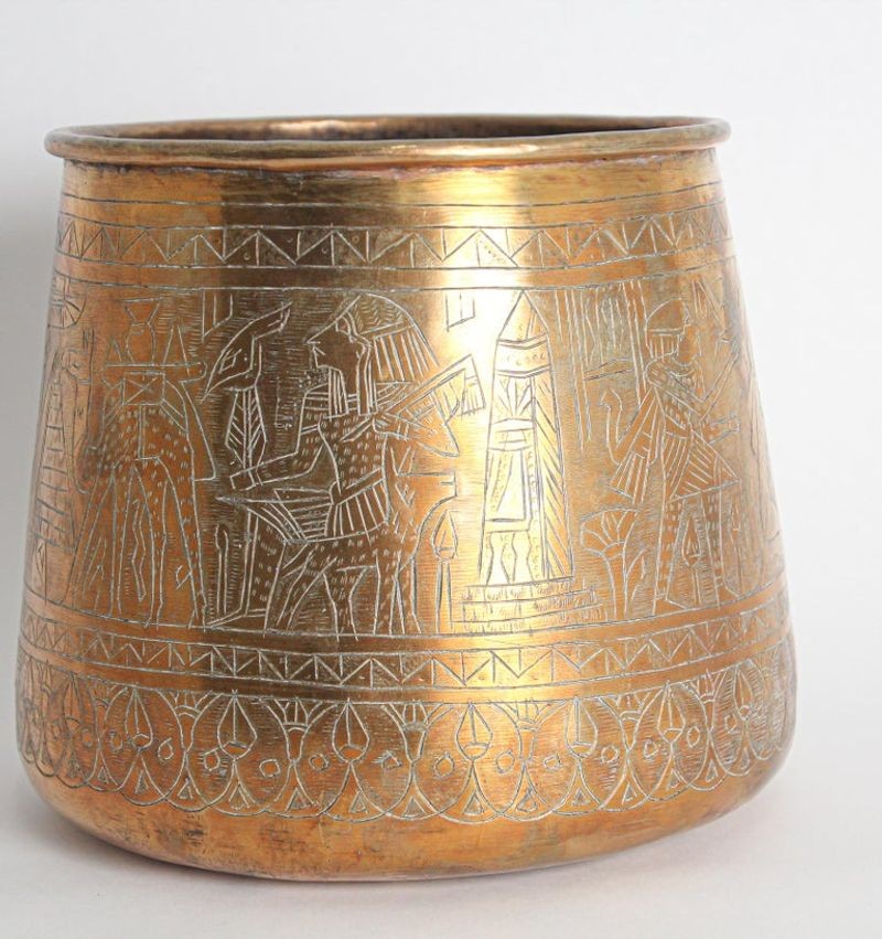 Hand Etched Egyptian Brass Vessel Jardiniere, 19th Century