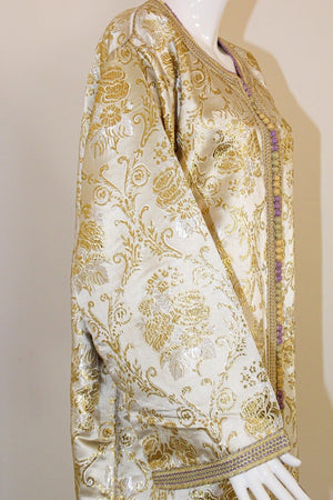 Moroccan Vintage Caftan in Gold Metallic Brocade, Maxi Gown Dress Kaftan