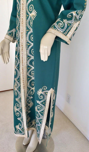Vintage Moroccan Caftan Emerald Green Maxi Dress, circa 1970 Size M