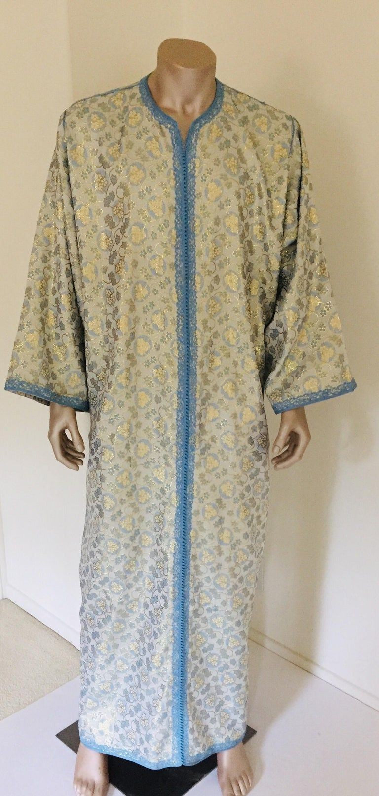 Metallic Blue and Silver Brocade 1970s Maxi Dress Caftan, Evening Gown Kaftan