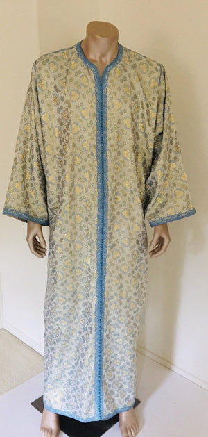 Metallic Blue and Silver Brocade 1970s Maxi Dress Caftan, Evening Gown Kaftan