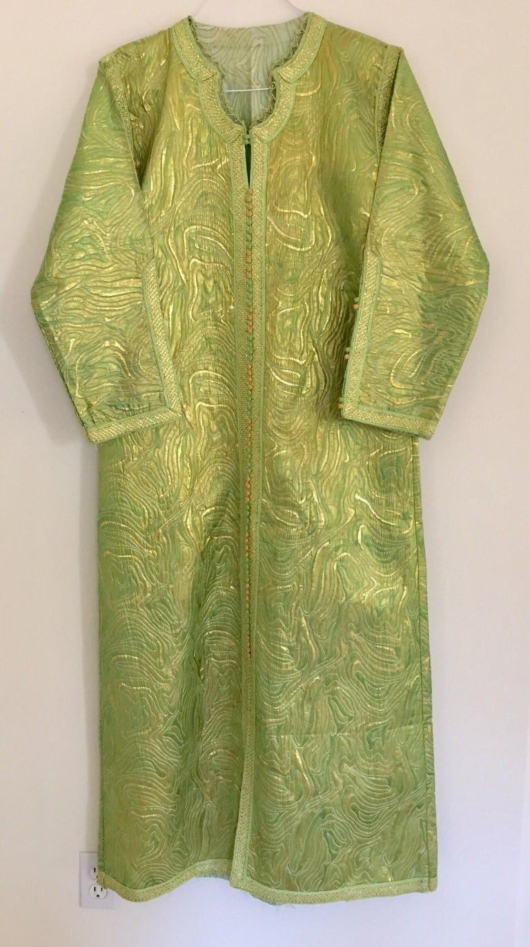 Moroccan Kaftan in Green and Gold Brocade Metallic Lame