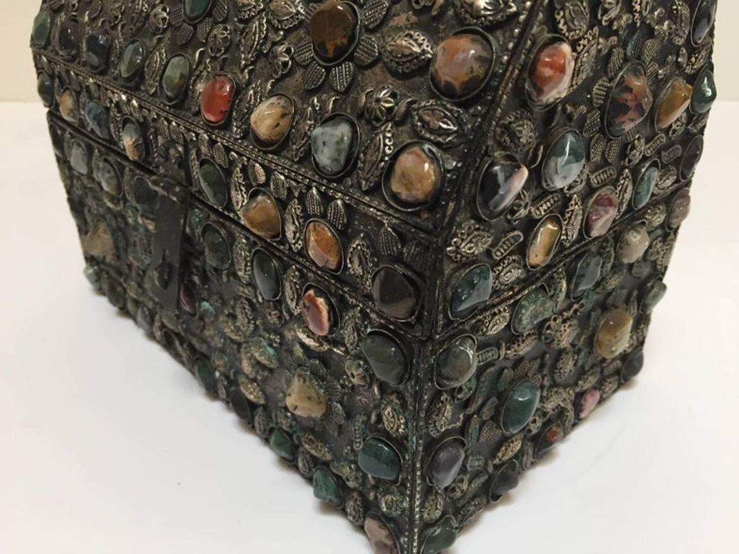 Large Moroccan Wedding Silvered Jewelry Box Inlaid with Semi-Precious Stones
