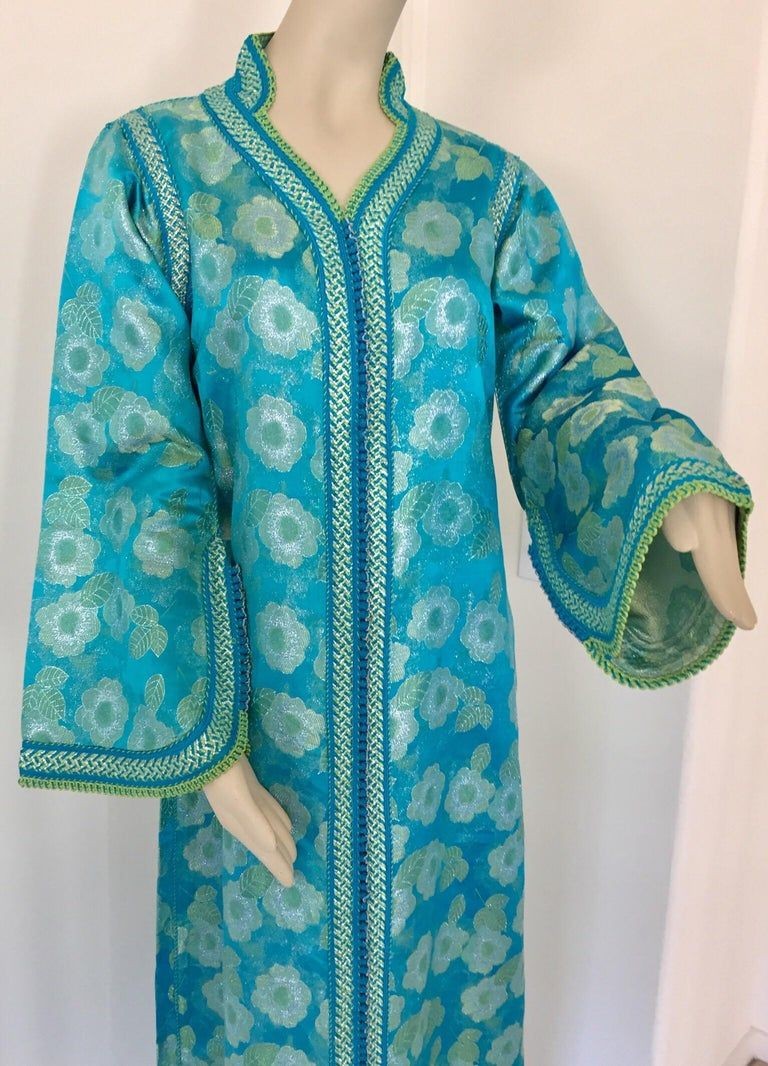 Moroccan Kaftan in Turquoise and Gold Floral Brocade Metallic Lame
