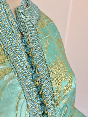 Moroccan Kaftan in Aqua and Gold Floral Brocade Metallic Lame
