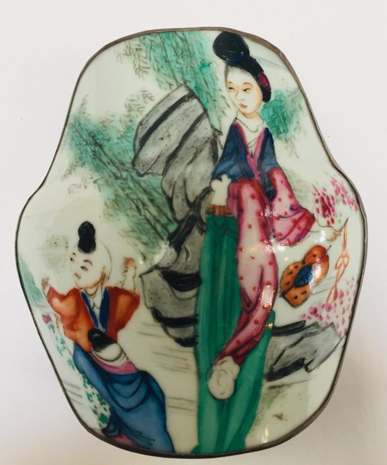 Vintage Trinket Metal Box with Porcelain Top Hand Painted Asian Scene