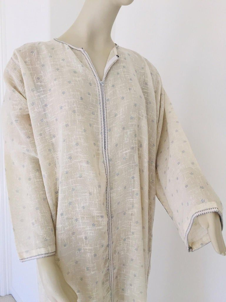 1970 Moroccan Hooded Caftan White and Blue Linen Djellabah Kaftan