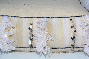 Moroccan White Floor Pillow with Silver Sequins and Long Fringes