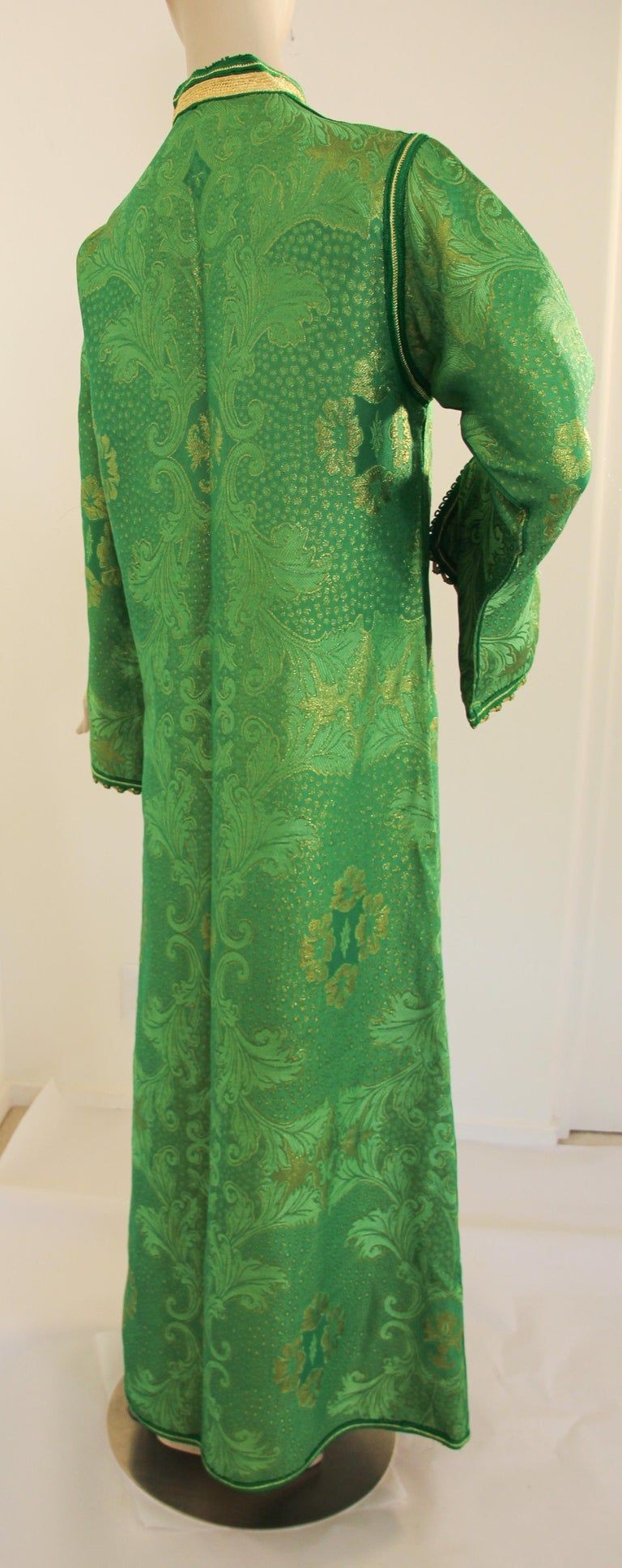 Elegant Moroccan Caftan Emerald Green and Gold Metallic Brocade